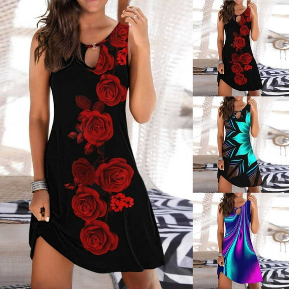 YANHAIGONG Summer Mini Dresses for Women 2025,Plus Size Beach Dresses for Women Casual Summer Sleeveless Floral Printed Tank Dress, Hollow Out V-Neck Loose Beach Short Mini Sundress