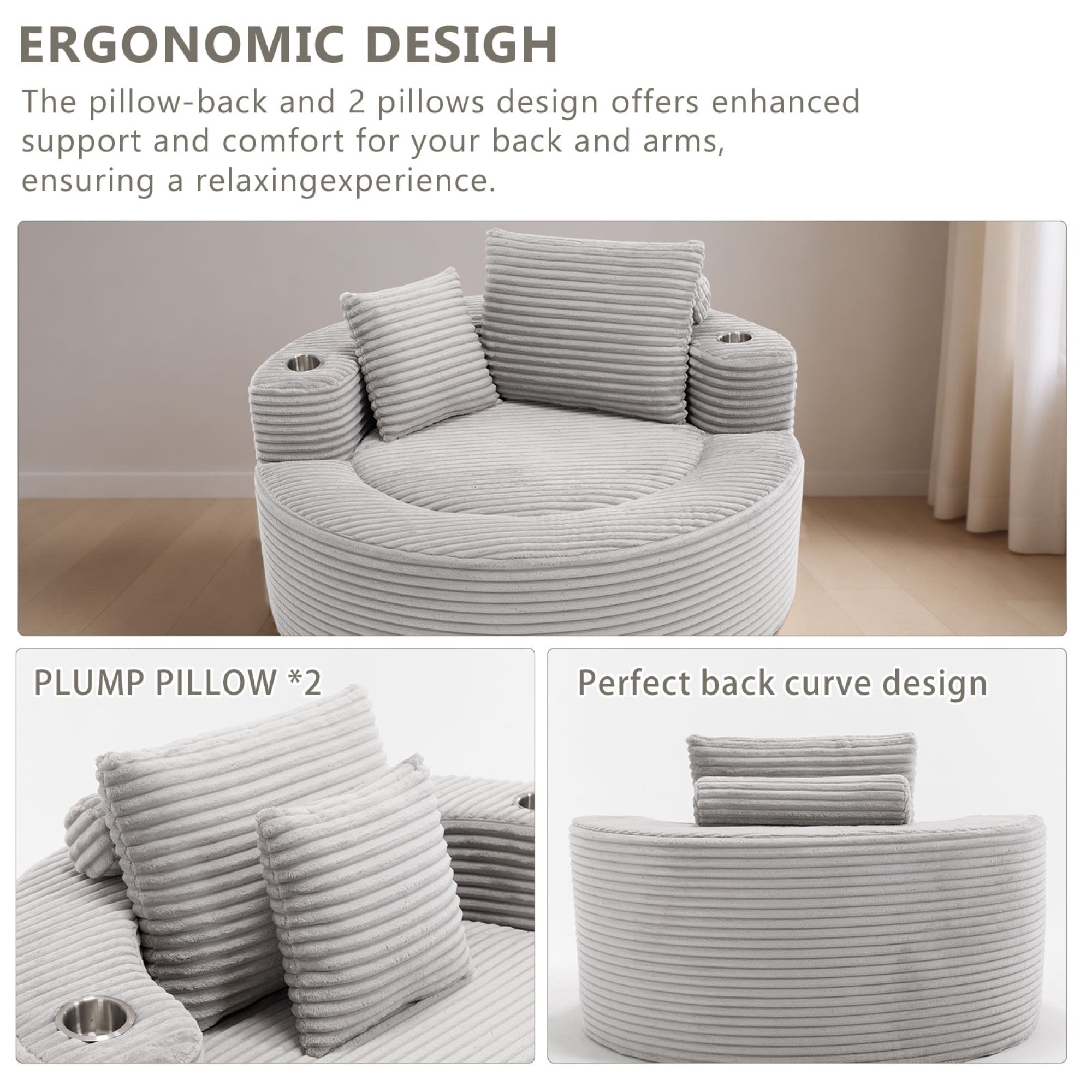 Leumius Oversized Round Chaise Lounge Sofa,Upholstered Lounge Chair with 2 Pillows and Cupholders,Boneless Sofa Couch with Memory Foam,Deep Seat Sleeper Chair for Living Room,No Assembly,Gray