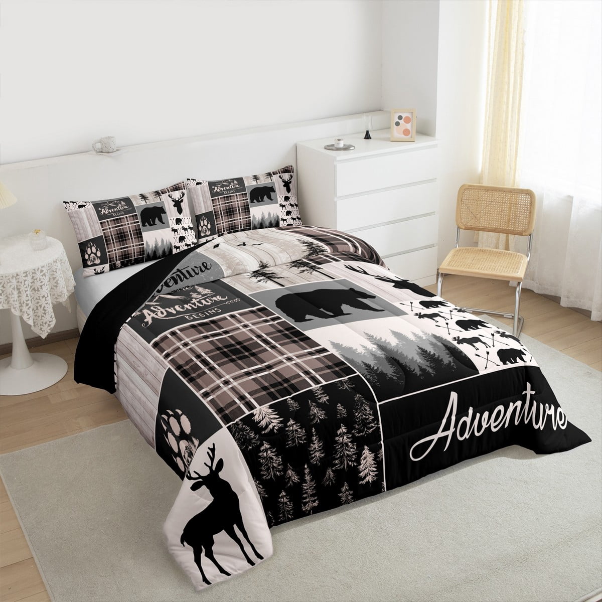 Buffalo Patchwork Queen Size Bedding Set, Hunting Bear Deer Comforter Set Teens Adult Bedroom, Rustic Farmhouse Grid Claw Bedding Comforter Sets Adventure Camping Quilt With 2 Pillow Cases
