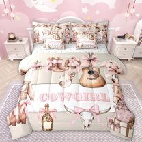 Manfei Chic Cowgirl Hats 7pcs Bedding Comforter Set,Retro Rustic Bull Skull Queen Bedding Sets,Pink Bowtie Ribbon Queen Sheet Sets For Girls Kids,Ultra Soft Home Decor Reversible