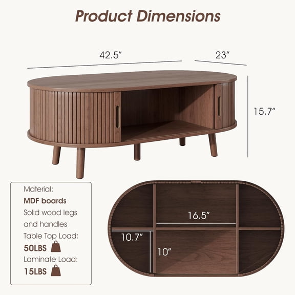 Oval Coffee Table with Sliding Tambour Door and Hidden Storage, Mid  Modern Fluted Center Table for Living Room Home Office, Walnut