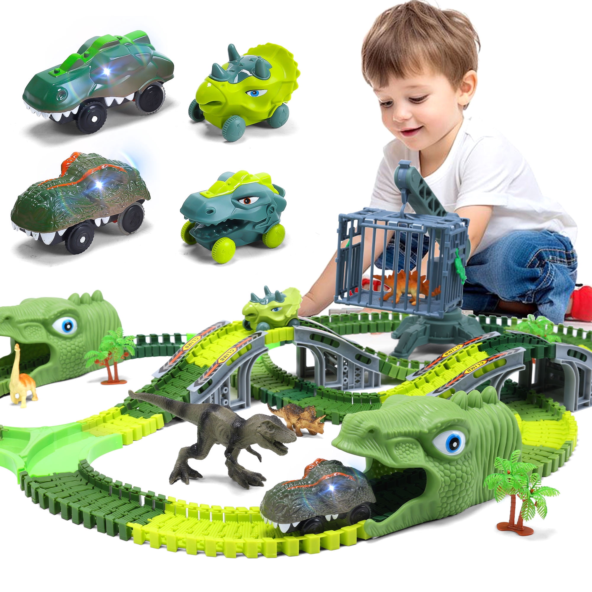 Dinosaur Toys, 277 PCS Flexible Race Track for Kids, STEM Building Road Train Toys with Dino Cars Trucks, Best Birthday Gifts for Boys Girls Toddlers