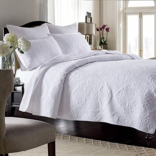 DBOZE 100% Cotton Lightweight Embroidered Quilt Set – Soft, Cozy Bedspread, High-Density Fabric, King/Cal King, White