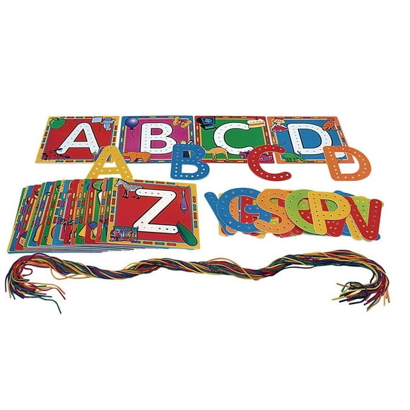 Excellerations Cartes de Laçage Alphabet et Lettres avec Ficelle, Langage Précoce, Développement des Compétences Motrices Fines, Jouet Éducatif, Préscolaire, Jouets pour Enfants