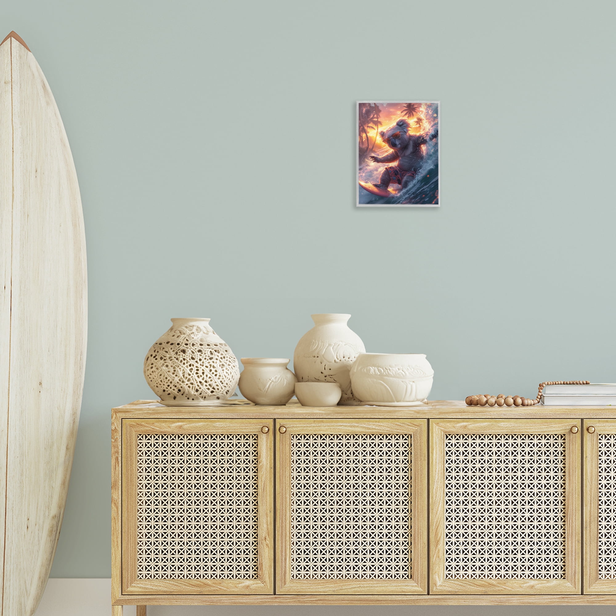 Stupell Industries Surfing Tropical Koala Coastal Painting Gray Framed Art Print Wall Art, 11 x 14