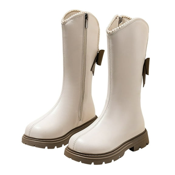 Dakaela Girl's Knee High Winter Boots Kids Bowknot Snow Boot Lug Sole Riding Boots with Side Zipper Beige