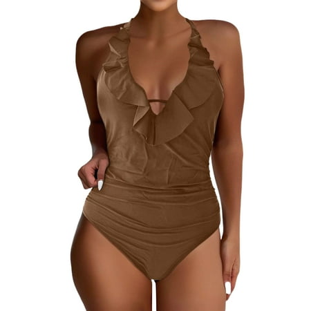 Biziza Brown One Piece Swimsuit for Women 2025 Backless Padded Basic Trendy with Built in Bra Solid Color Tummy Control Swimsuits Spandex V Neck Bathing Suits