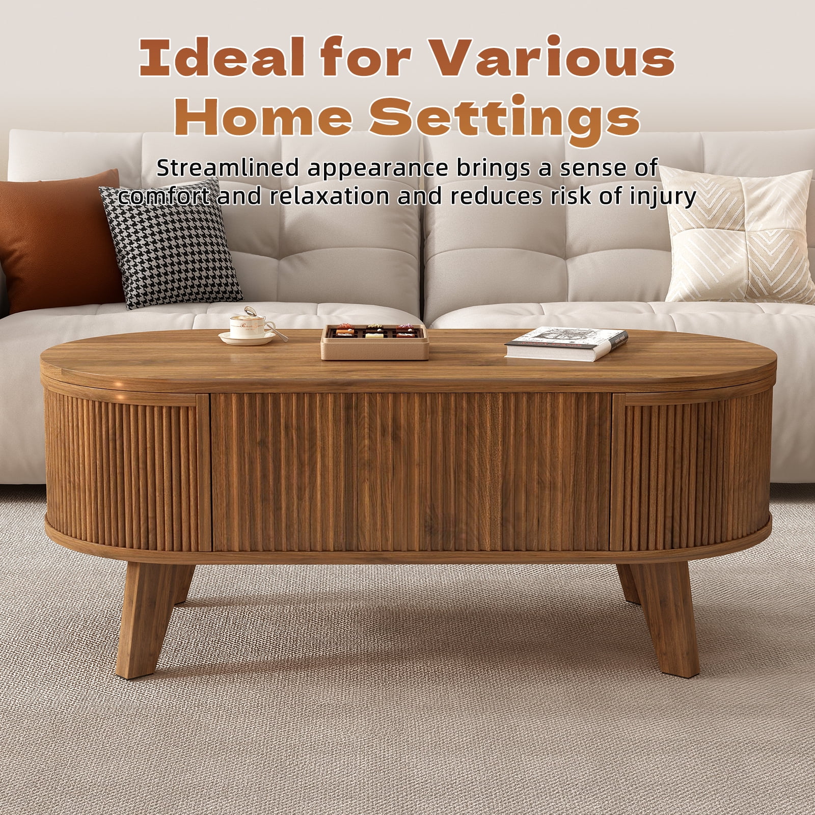 Lift Top Coffee Table 43.3x18.9x17 Inch Fluted Design Hydraulic Lift for Living Room Office