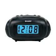 SHARP Digital Alarm Clock, Black, LCD Display, Battery Operated, Small, Travel Clock