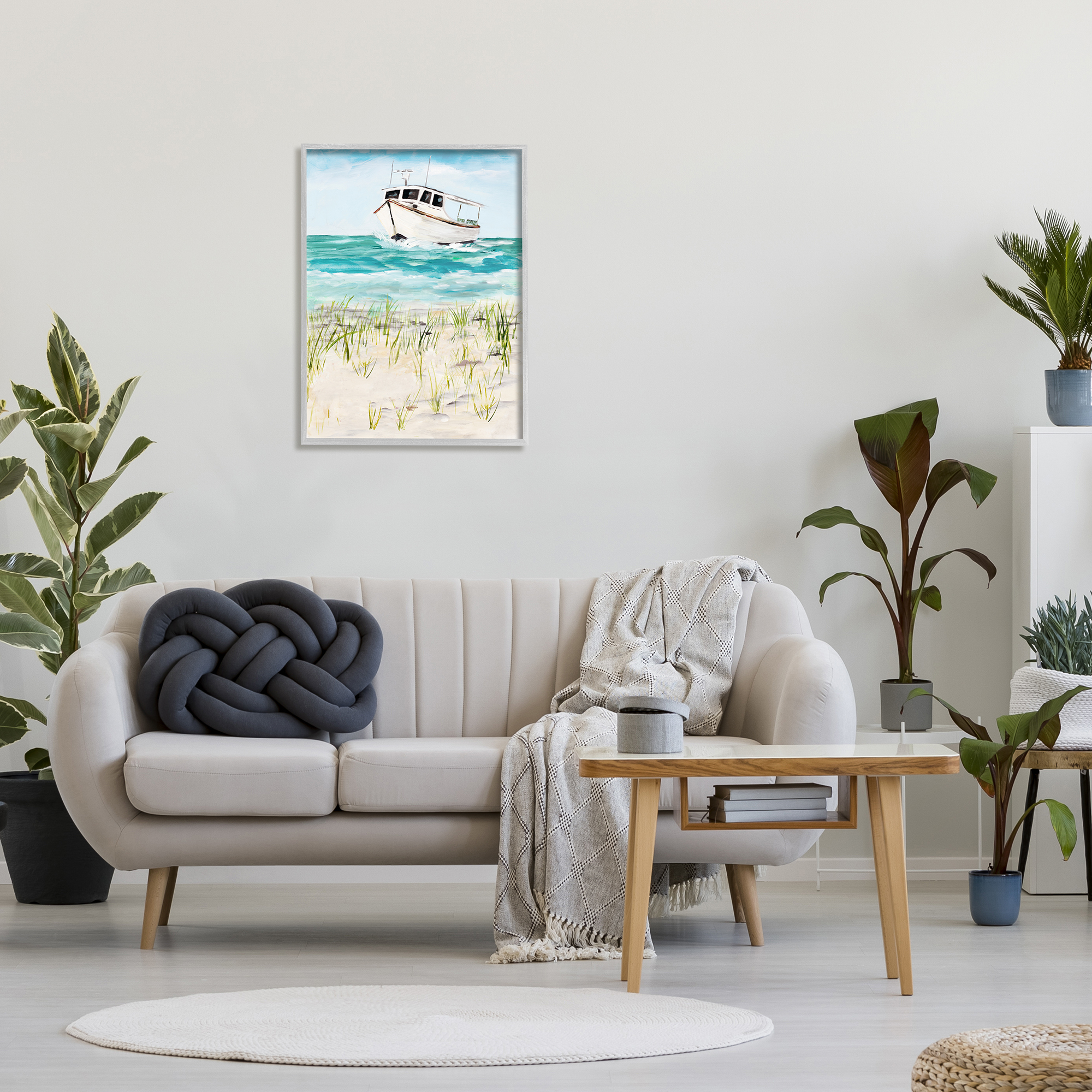 Stupell Industries Nautical Boat by Coast Grassy Beach Landscape Nature Painting Gray Framed Art Print Wall Art, 24 x 30