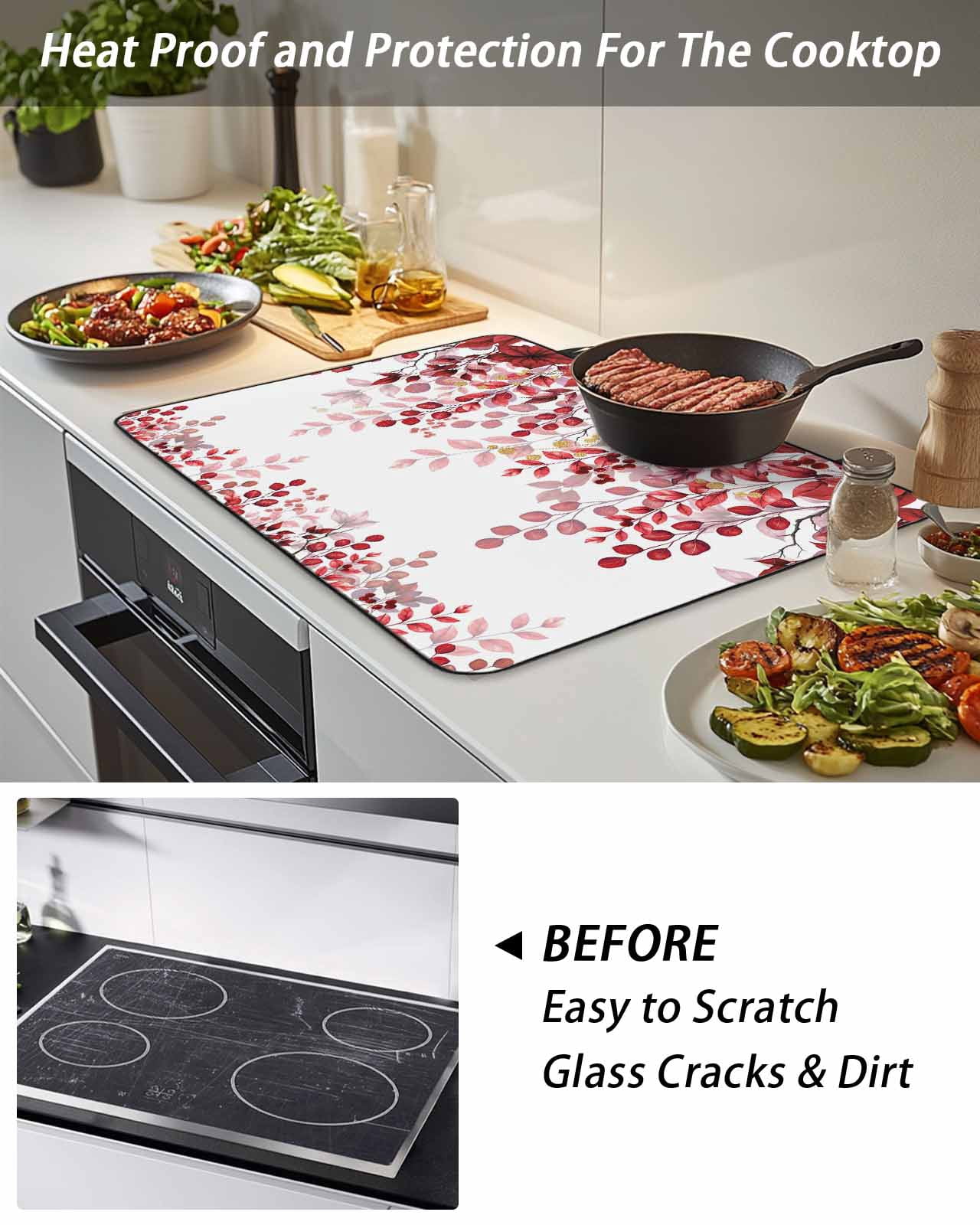 Stove Top Covers for Electric Stove, Red Eucalyptus Leaves Glass Stovetop Cover Protector, Summer Botanical Weeping Induction Cooktop Protector Oven Mat for Kitchen Countertop 28.5"x20.5"