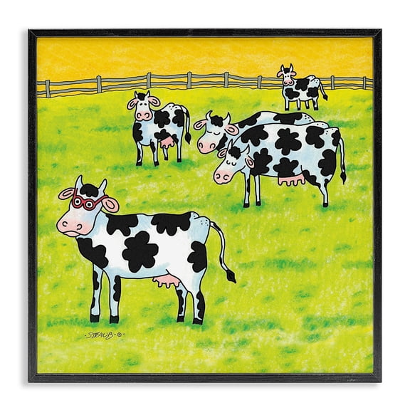 Stupell Industries Funny Cow Herd with Specs Animals Painting Black Framed Art Print Wall Art, 12 x 12