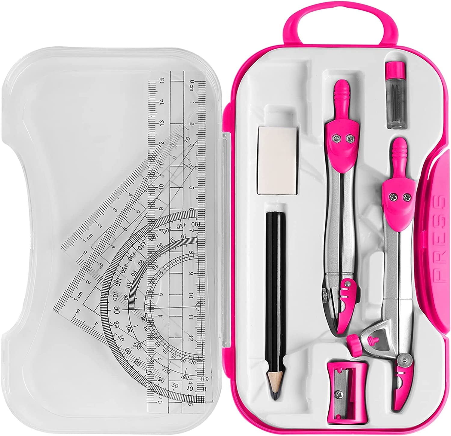 Lifreer Geometry Set - Compass, Protractor, Rulers, Pencil, Eraser & More In Storage Box (Red)