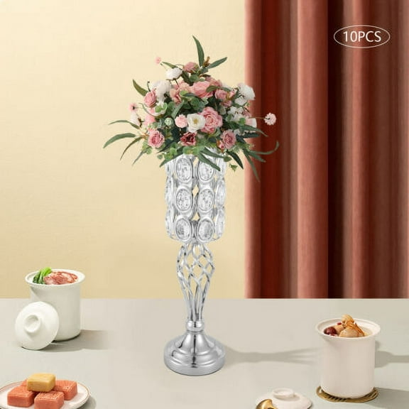 10pcs 19.7"H Wedding Flower Vases Nordic Centerpieces w/ Crystal Beads Silver
