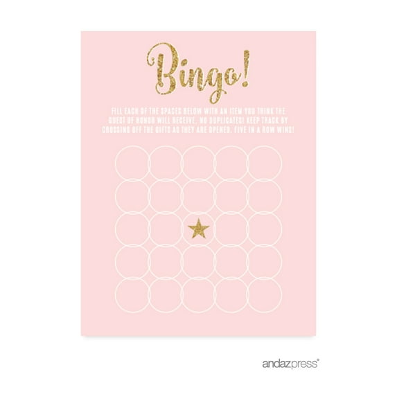 Signature Blush Pink, White, Gold Glittering Party Collection, Bingo Game Activity Cards, 20-Pack