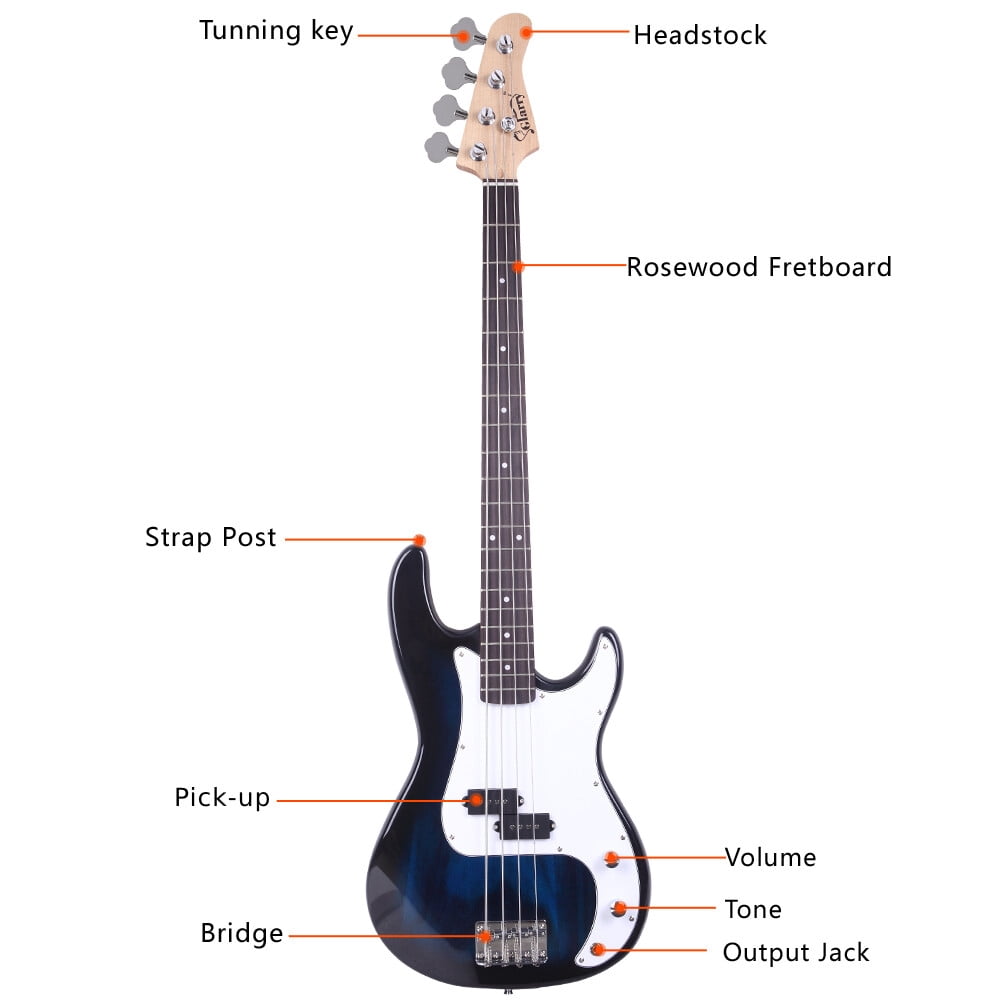 Electric Bass Guitar Full Size Standard Beginner Kit 4 String Cable Strap Carry Bag Blue