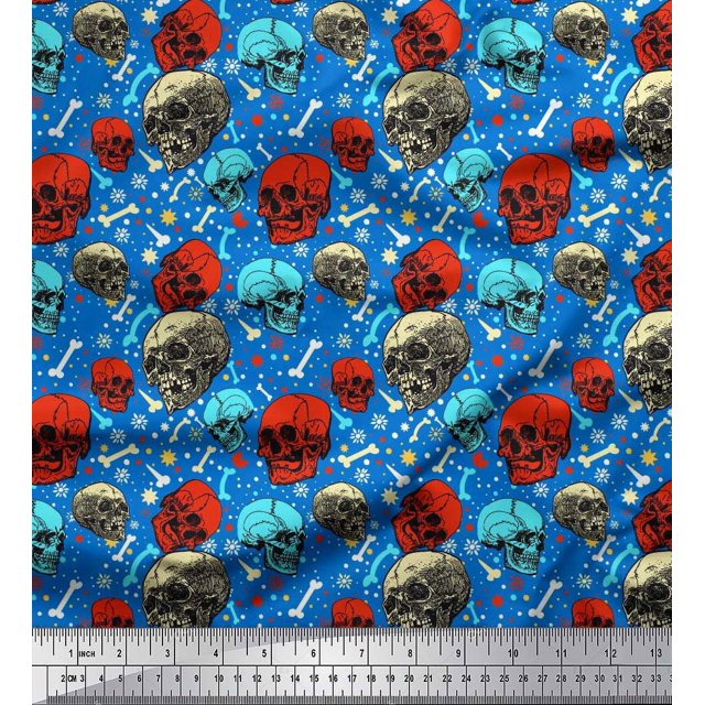 Soimoi Rayon Fabric Bone,Floral & Skull Halloween Printed Fabric 1 Yard 56 Inch Wide