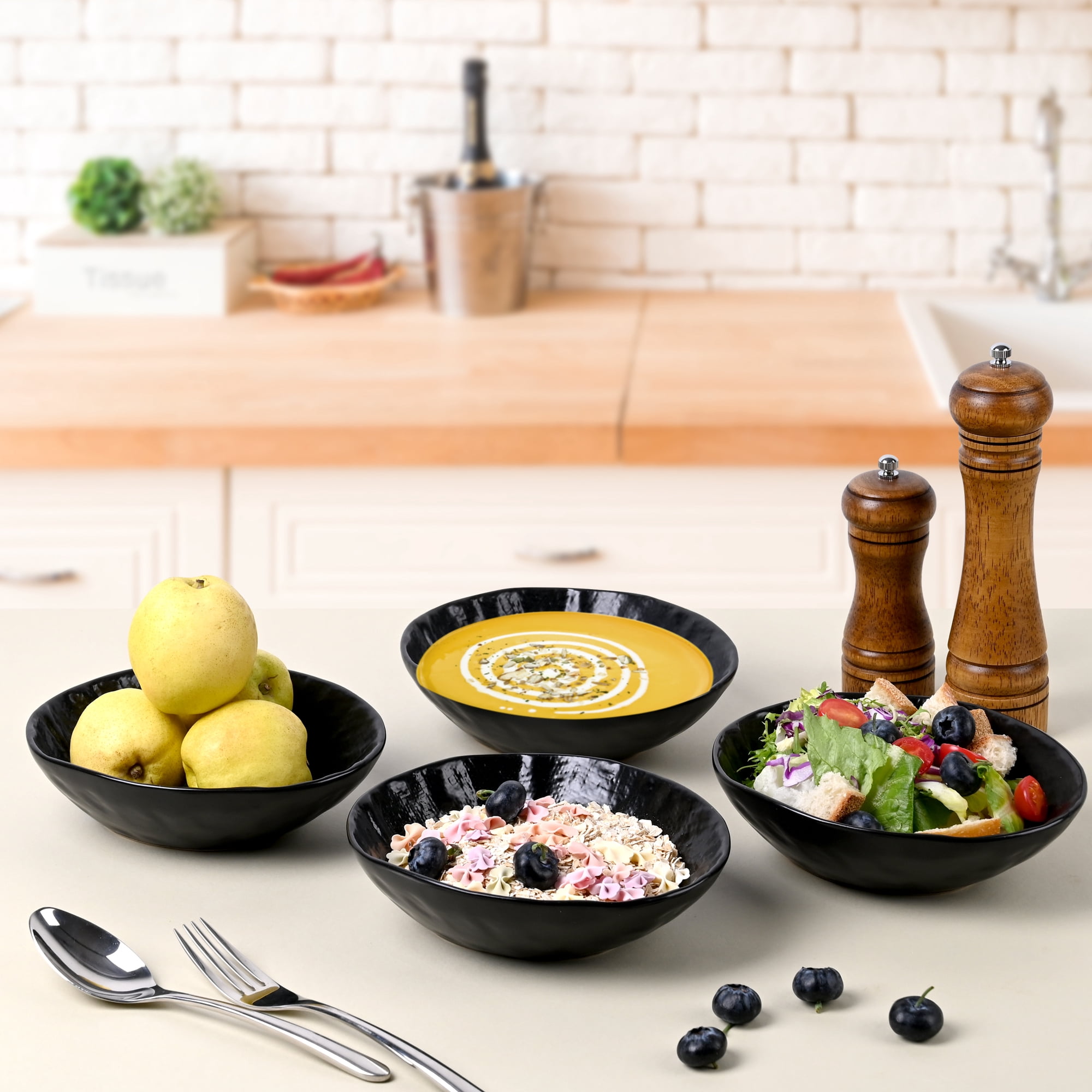Linen Artisan Pasta Bowls Set of 4, 17oz Serving Bowls for Kitchen, Soup Bowl, Large Stoneware Bowls for Festivals, Housewarming, Dinnerware