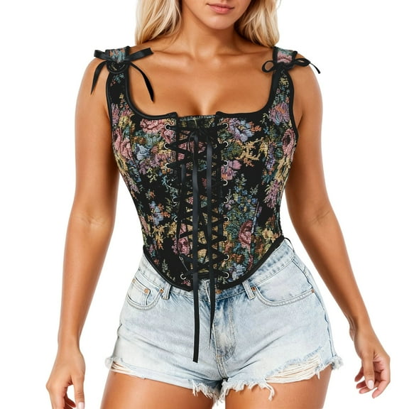 Shapers Waist Trainer Corset Tops for Women Floral Print Lace Up Corset Top Bustier Camisole for Elegant Retro Court Style S