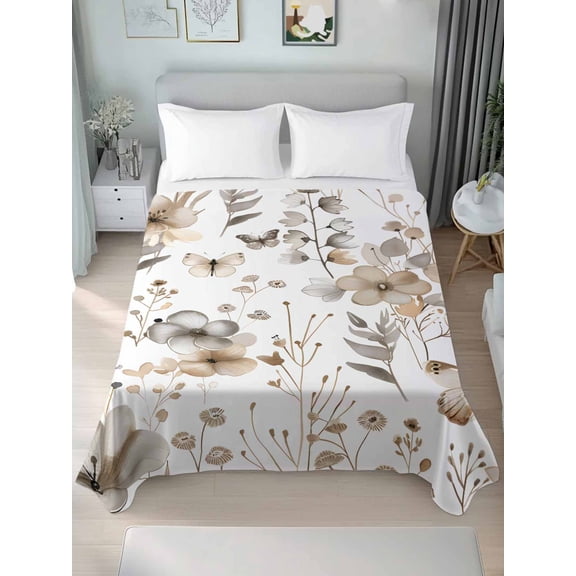 Brown Grey Floral Spring Queen Size Flat Sheet, Wrinkleproof & Fadeproof Cooling Flat Bed Sheet Only, Watercolor Botanical Butterfly Breathable Soft Bedding Top Sheets 90 x 102 Inches
