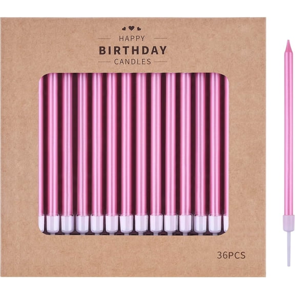 36-Count Pink Long Thin Metallic Birthday Candles, Cake Candles, Birthday Parties, Wedding Decorations, Party Candles, Cake Decorations