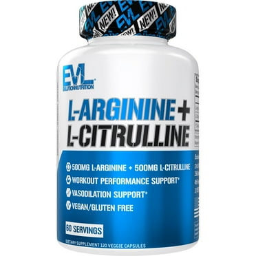 Evlution Nutrition L-Arginine   L-Citrulline - Endurance   Workout Performance Supplement - 1000mg Complex - Vasodilation   Nitric Oxide Support - Vegan   Gluten Free Capsules - 60 Servings