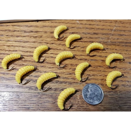 Barbed Hook - Realistic Rubber Wax Worm Meal Grub - Yellow