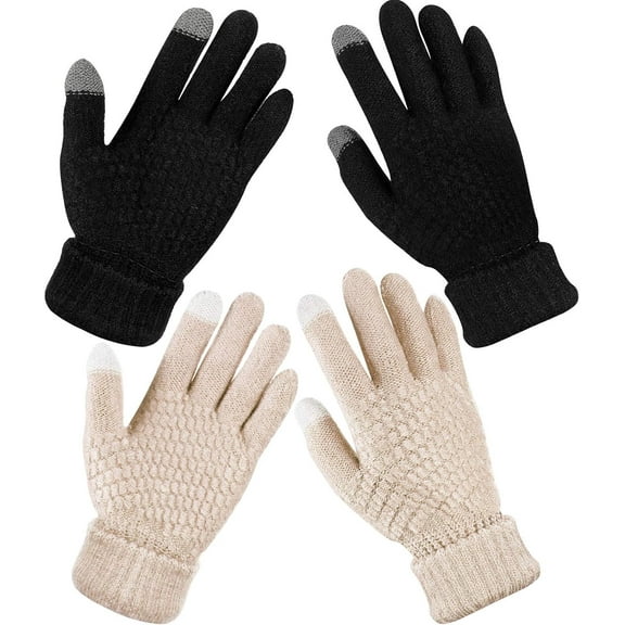 2 Pairs Women's Winter Touchscreen Gloves Warm Fleece Lined Knit Gloves Elastic Cuff Winter Texting Gloves
