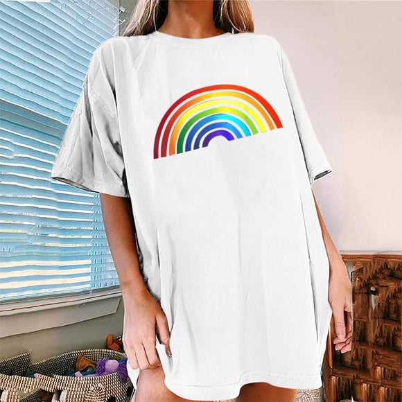 CEHVOM Women's Vintage Drop Sleeves Rainbow Printed Pattern Casual Short Sleeve Tops
