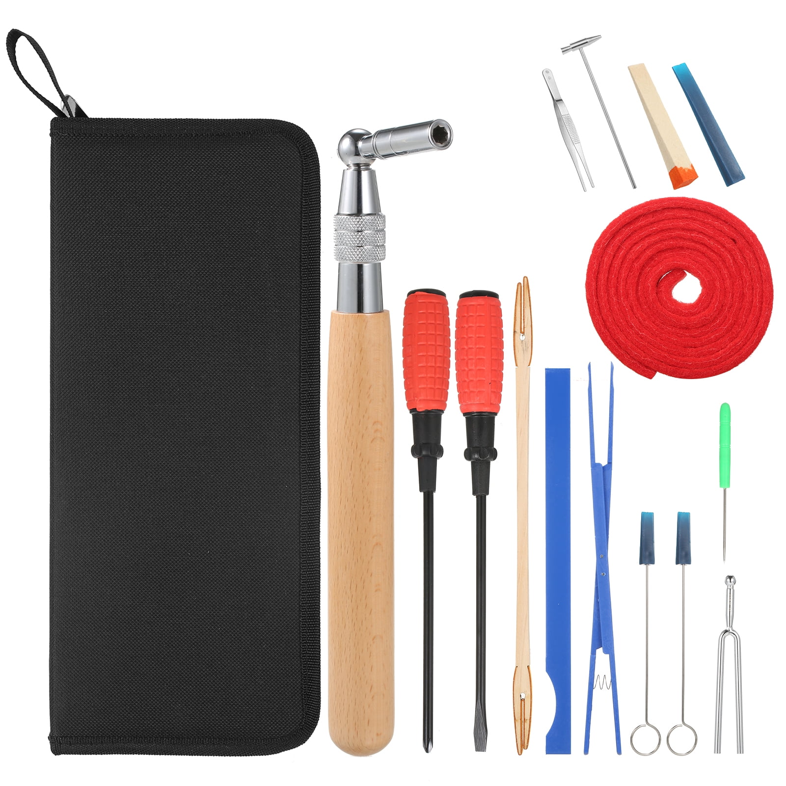Piano Tuning Kit 16pcs Piano Tuning Kit Professional Tuning Tools Set Long Handle Tuning Wrench Rubber Mutes Screwdriver Tweezers Hammer Temperament Felt Strip Fork for Piano Tuner with Bag