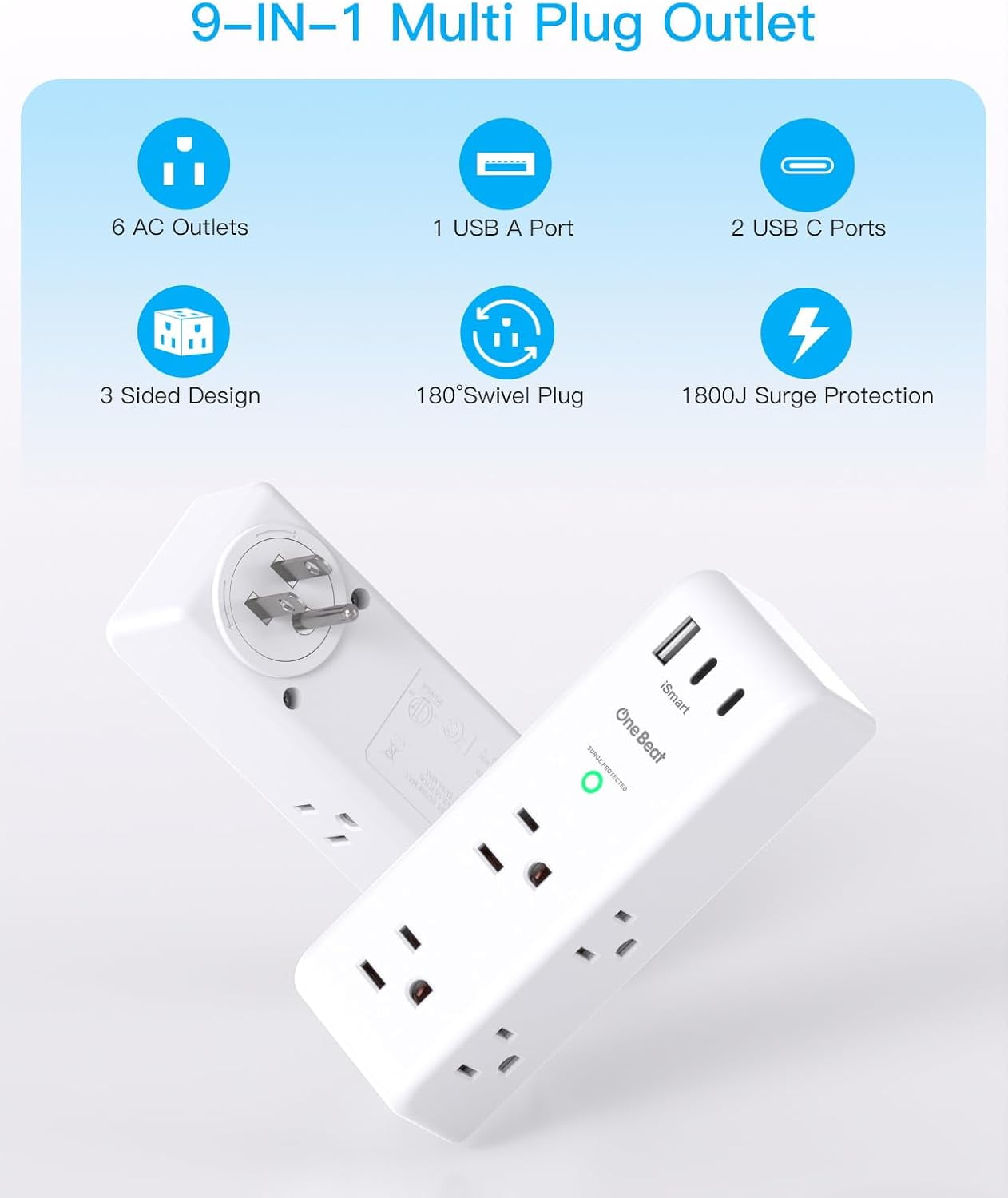 Surge Protector Outlet Extender, 6 AC Outlets & 3 USB Ports(2 USB C), 1800J 3-Sided Rotating Swivel Plug, White for Home Office Dorm