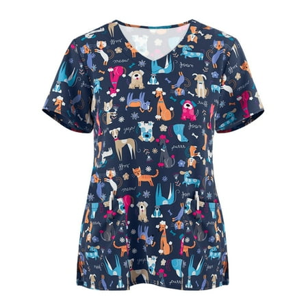

Danhjin Womens Nursing Scrub Tops Printed Working Uniform Short Sleeve V-Neck Workwear Blouse T-shirt with Pockets Scrubs for Women Jogger Style - Summer Savings Clearance