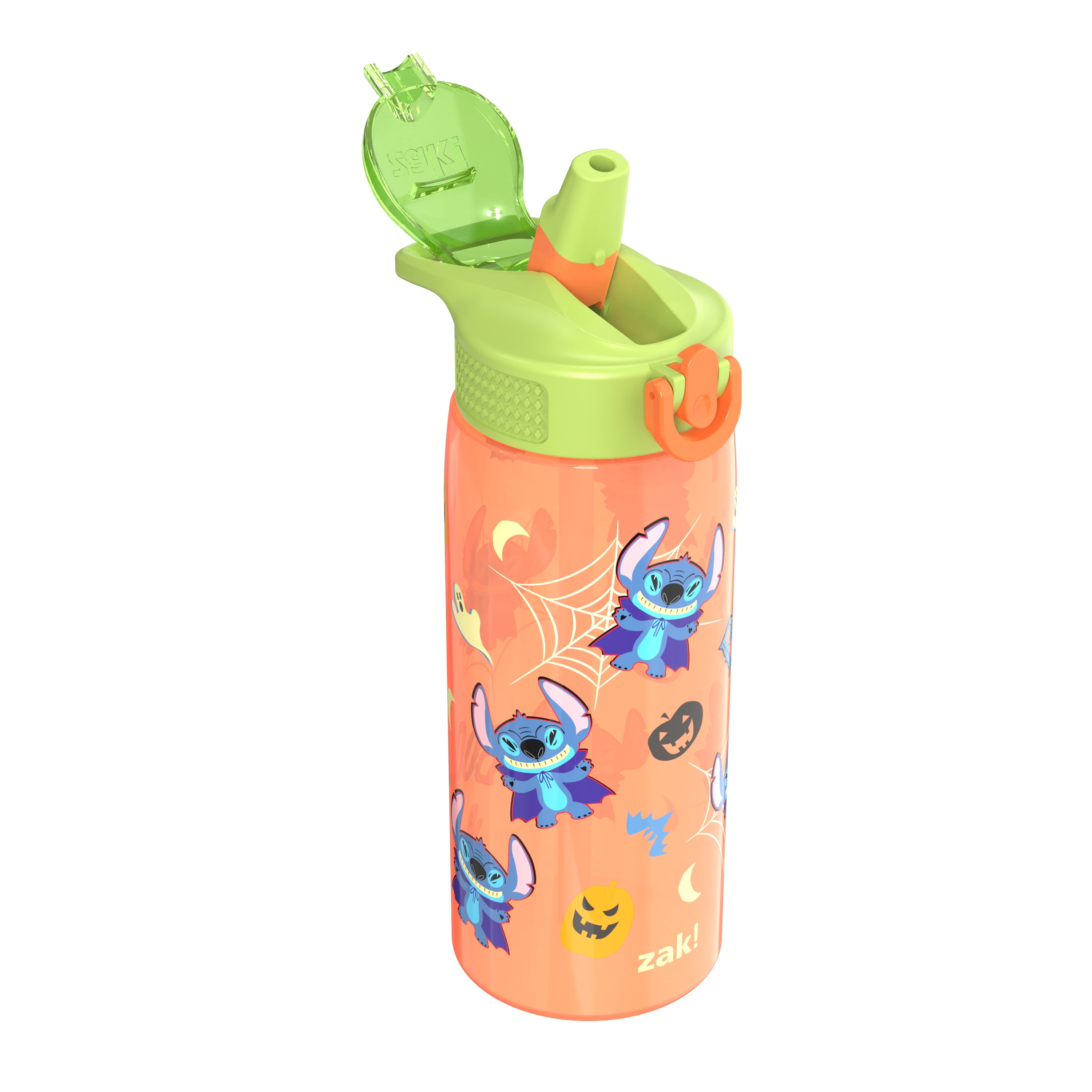 Zak Designs 25oz Stitch Halloween Orange Kids Straw Water Bottle, Durable Plastic Park Bottle with Easy-Open Locking Spout Cover for Travel, Built in Carry Handle