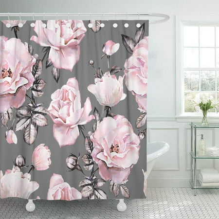 Ksadk Abstract With Pink Flowers And Leaves On Gray Watercolor Fl Rose In Pastel Color Shower Curtain Bath 66x72 Inch