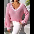 thumbnail image 4 of Suéter Holgado de Punto A Rayas de Larga para Mujer, Estilo Preppy, para Otoño e Invierno, con Cuello en V Rosa S, 4 of 10