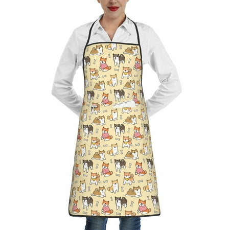 

Pofeuu Cartoon Shiba Inu Dog Print Aprons with Pockets Cute Aprons for Kitchen Cooking Server Barber Chef Apron