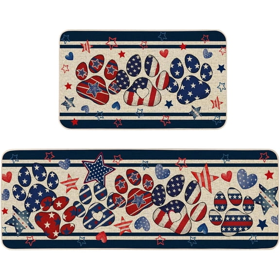 Koesnbre Patriotic Dog Paw 4th of July Kitchen Rugs Set of 2, Independence Day Memorial Day Home Decor Low-Profile Kitchen Mats for Floor - 17x29 and 17x47 Inch