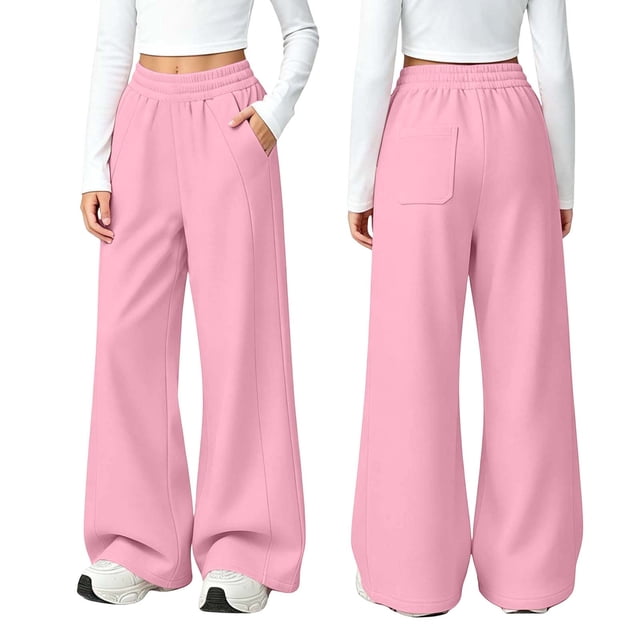 Pantalones deportivos de felpa para niños y niñas, cintura elástica, bolsillos laterales, puños ajustables, pernera ancha, color liso, de 5 a 15 años.