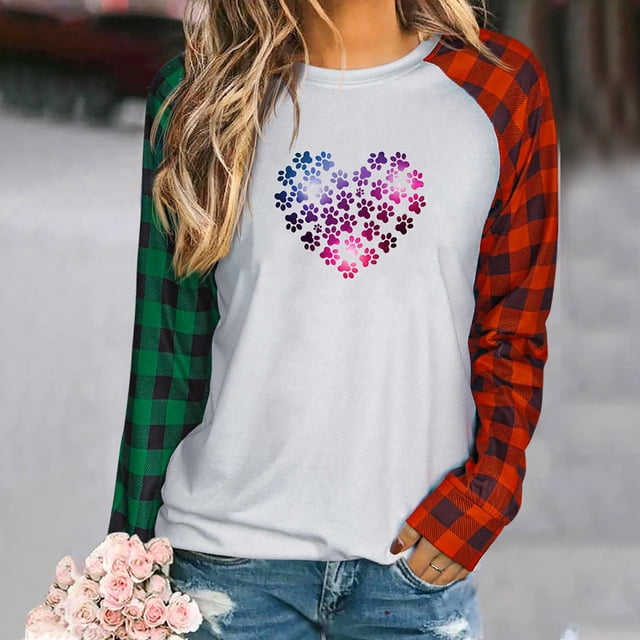 Nouveaux Hauts pour Femmes 2023 Mode Grande Taille Col Rond Manches Longues T-Shirt Automne Imprimé Blouse Ample Hauts Manches Longues pour Femmes