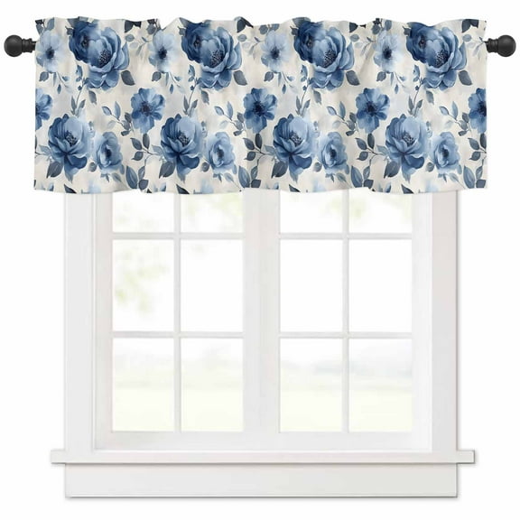 Blue Floral Valances for Windows Farmhouse Kitchen Curtains Valances Rod Pocket Valance Curtains for Kitchen Windows Watercolor Country Flower Pastoral Rose Window Valances for Bathroom 42"x18"