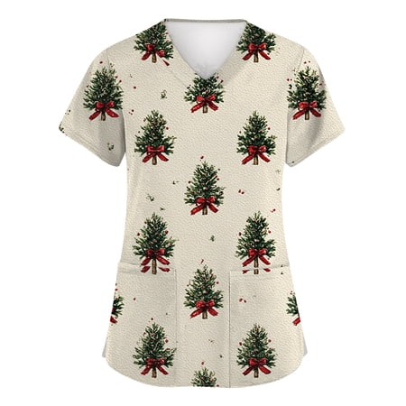 HaHaHappy Scrubs for Women Christmas Plus Size V Neck Cute Christmas Tree Print Scrub Shirts Ugly Short Sleeve Funny Scrub Tops Nursing Workwear Nurse Medical Uniform with Pocket Khaki M