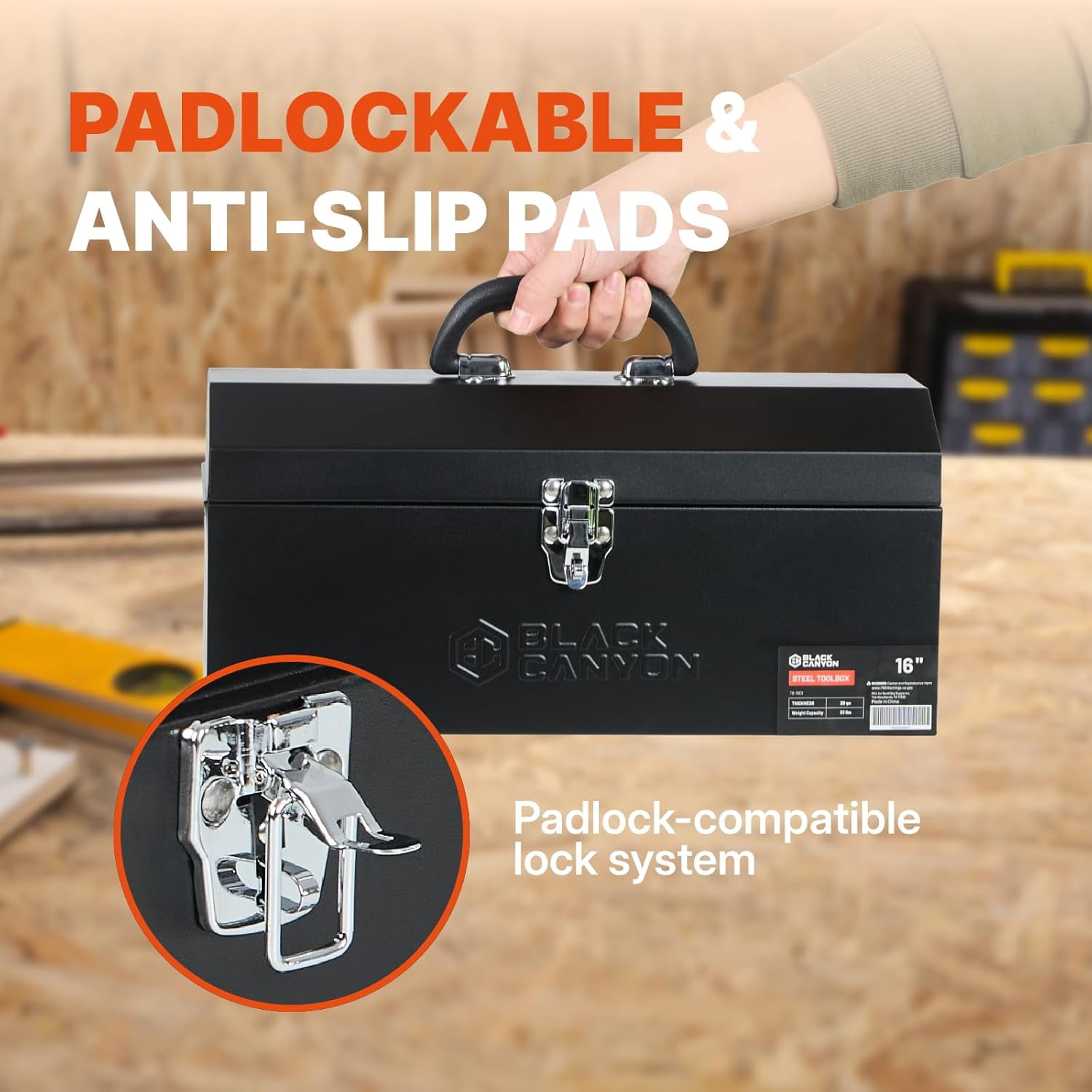 16 Inch Metal Tool Box, Portable Carbon Steel Toolbox with Padlockable Design for Mechanics and