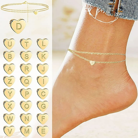 BGZLEU Heart Initial Ankle Bracelets for Women, 14K Gold Filled Handmade Dainty Layered Anklet Letter Initial Heart Ankle Bracelets for Women Beach Jewelry Gifts