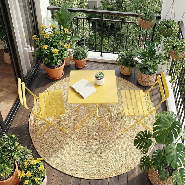 2-Person Square Folding Bistro Table Set, Powder-Coated Steel Frame, Lemon Yellow Space-Saving Design with Compact Seating for Balcony Deck Porch Garden