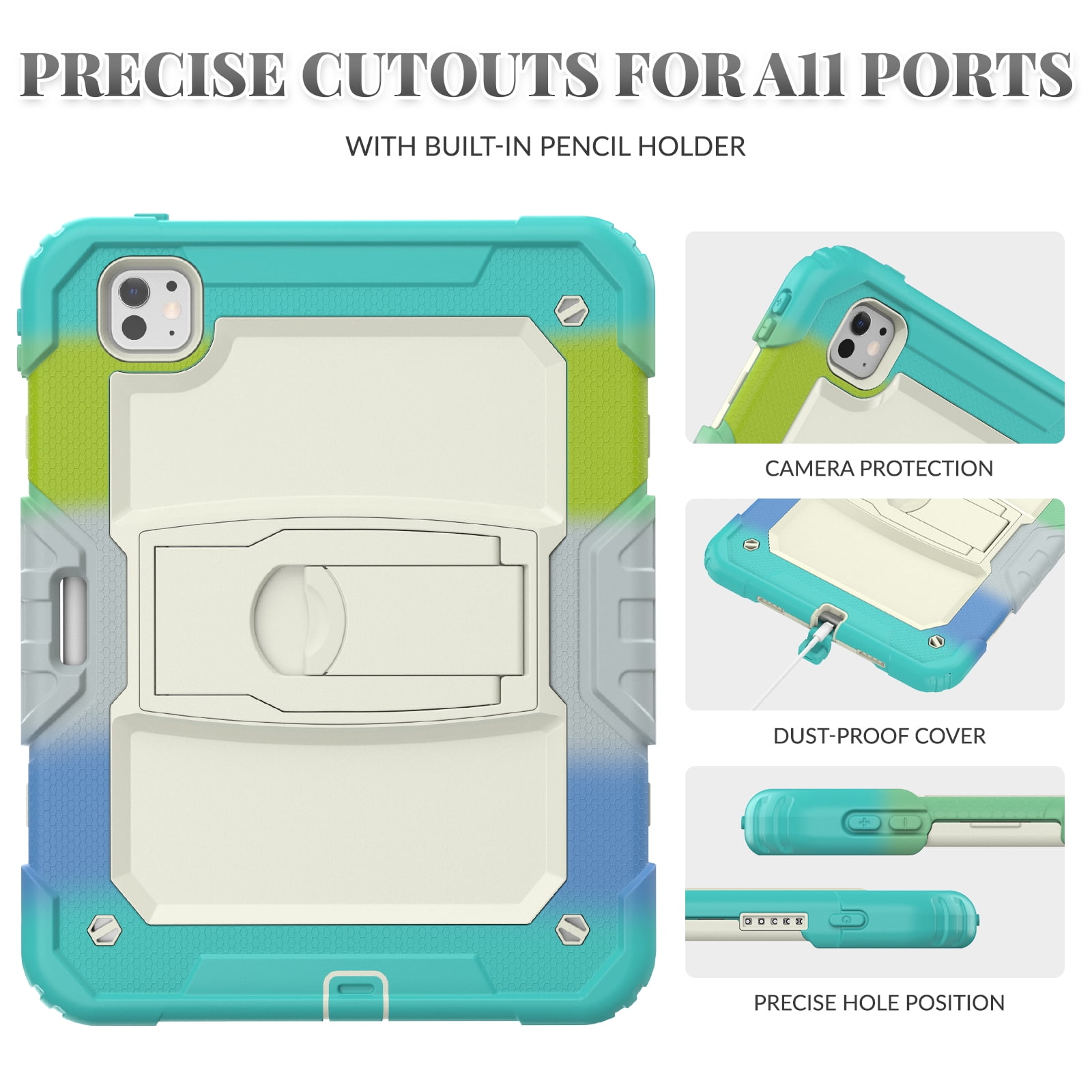 Rugged Case For Apple iPad Pro 11 (2024) – 3-Layer Protection Shockproof Stand Cover with Screen Protector, Adjustable Stand, Shoulder Strap, & Pencil Holder -- Colorful Blue