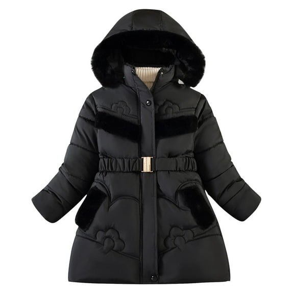 Generic Kids Girls Winter Coats Heavyweight Fleece Lined Jackets Windproof Hooded Outerwear with Waist Belt for 5-12 Years