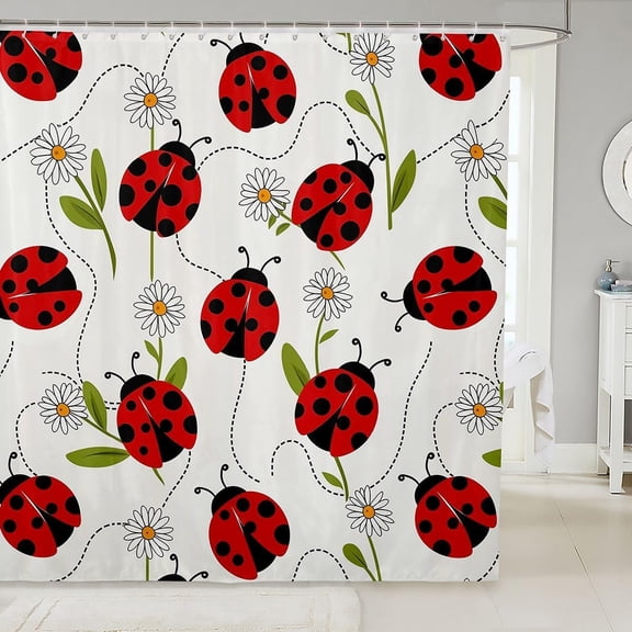 Ladybug Shower Curtain Daisy Flower Print Fabric Bathroom Decor Waterproof 71x71 inches