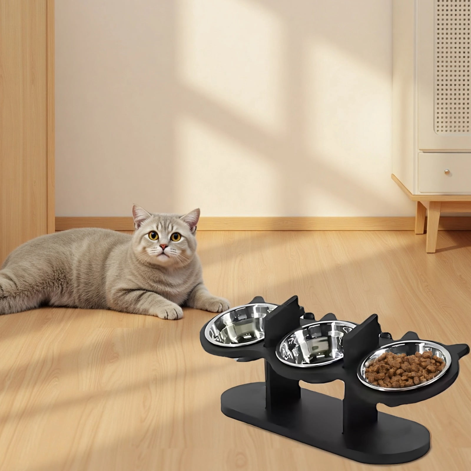 Elevated Pet Feeder with 3 Stainless Steel Bowls - Adjustable Wooden Raised Stand with Cat Ear Design, Anti-Spill Feeding Station for Cats & Dogs