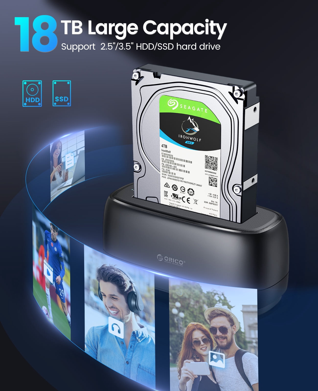 ORICO Hard Drive Docking Station with Offline Clone USB 3.2 Gen 1 to SATA Hard Drive Dock Dual Bay for 2.5&3.5 Inch SSD HDD Up to 40 TB with 12V Power Supply, Tool-Free and UASP Supported