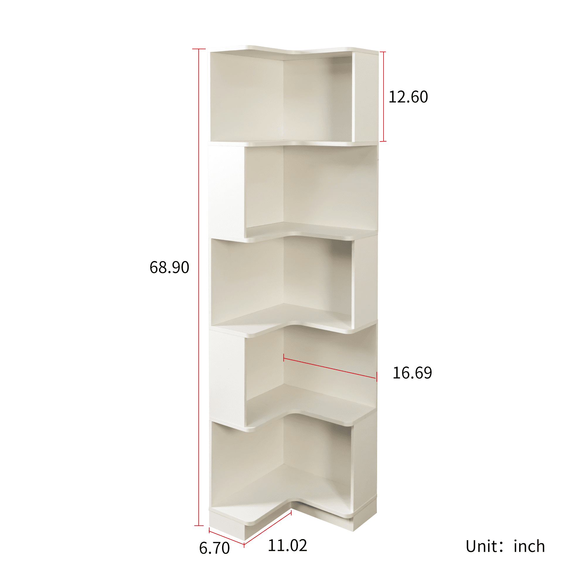 Leumius 5 Tier L Shaped Display Shelf Stand with Baffle, Freestanding Corner Bookshelf Bookcase with LED Lights for Home Office Living Room Bedroom Kitchen White